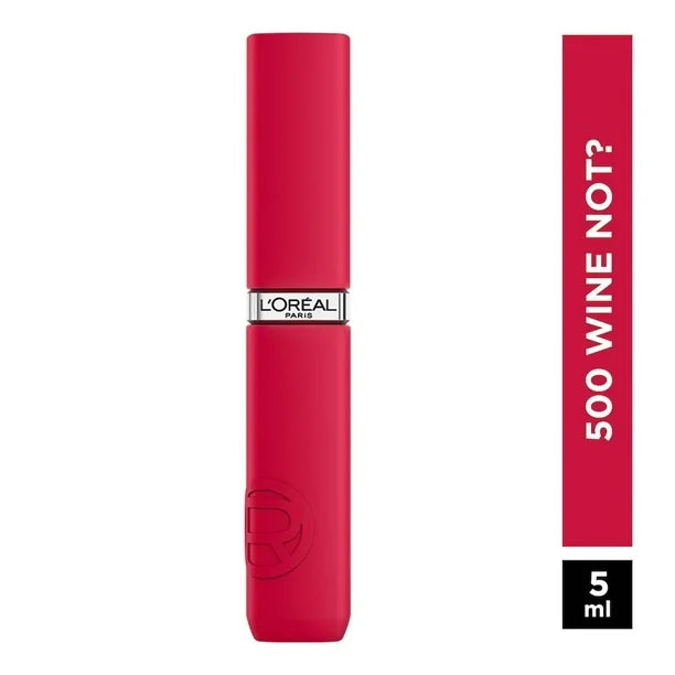 L'Oréal Paris, Infallible Le Matte Resistance, Labial LÃquido Mate Larga Duración 16hr, Color Intenso con Ãcido Hialurónico, Tono Wine Not? 500, 5ml